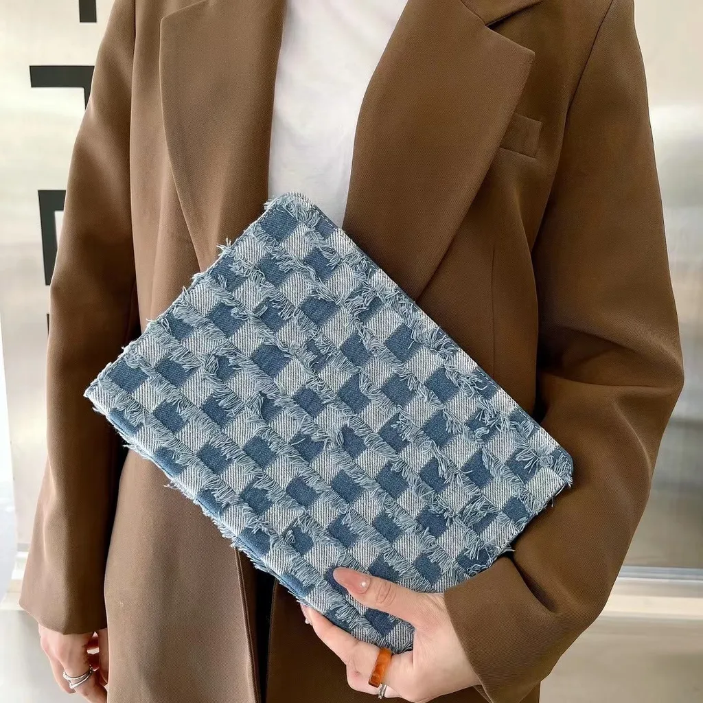 Book-style tablet cover (denim plaid texture, multi-model fit)