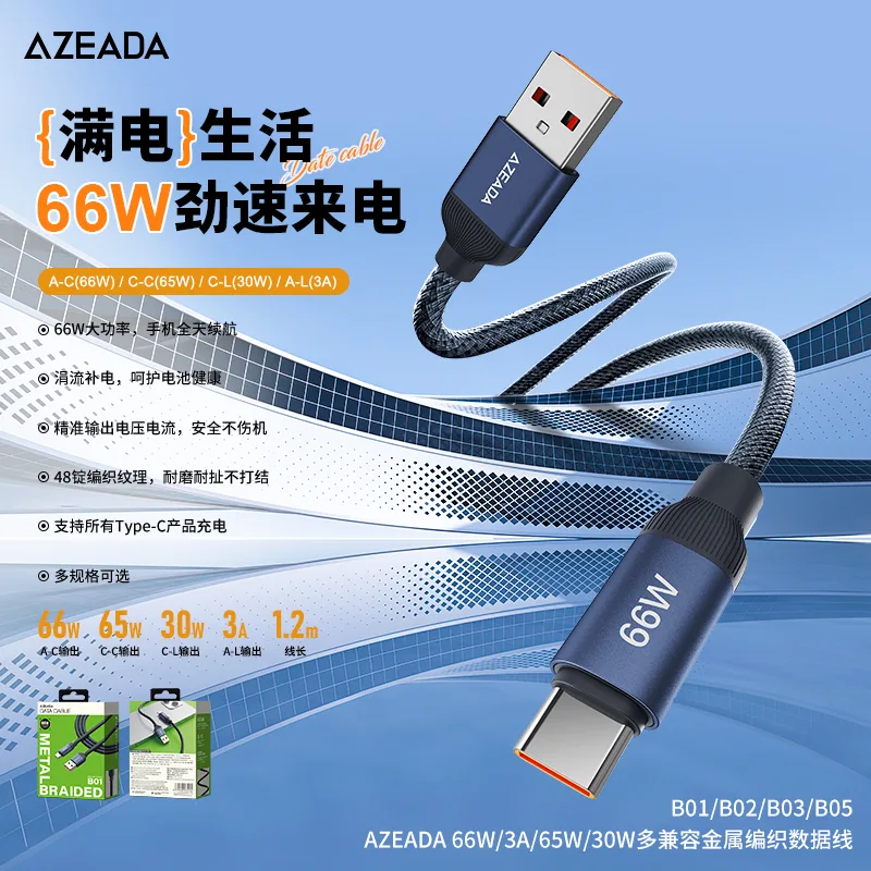 Dual Type-C fast charging cable (65W 6A super fast charge, 1.2m in-car length)